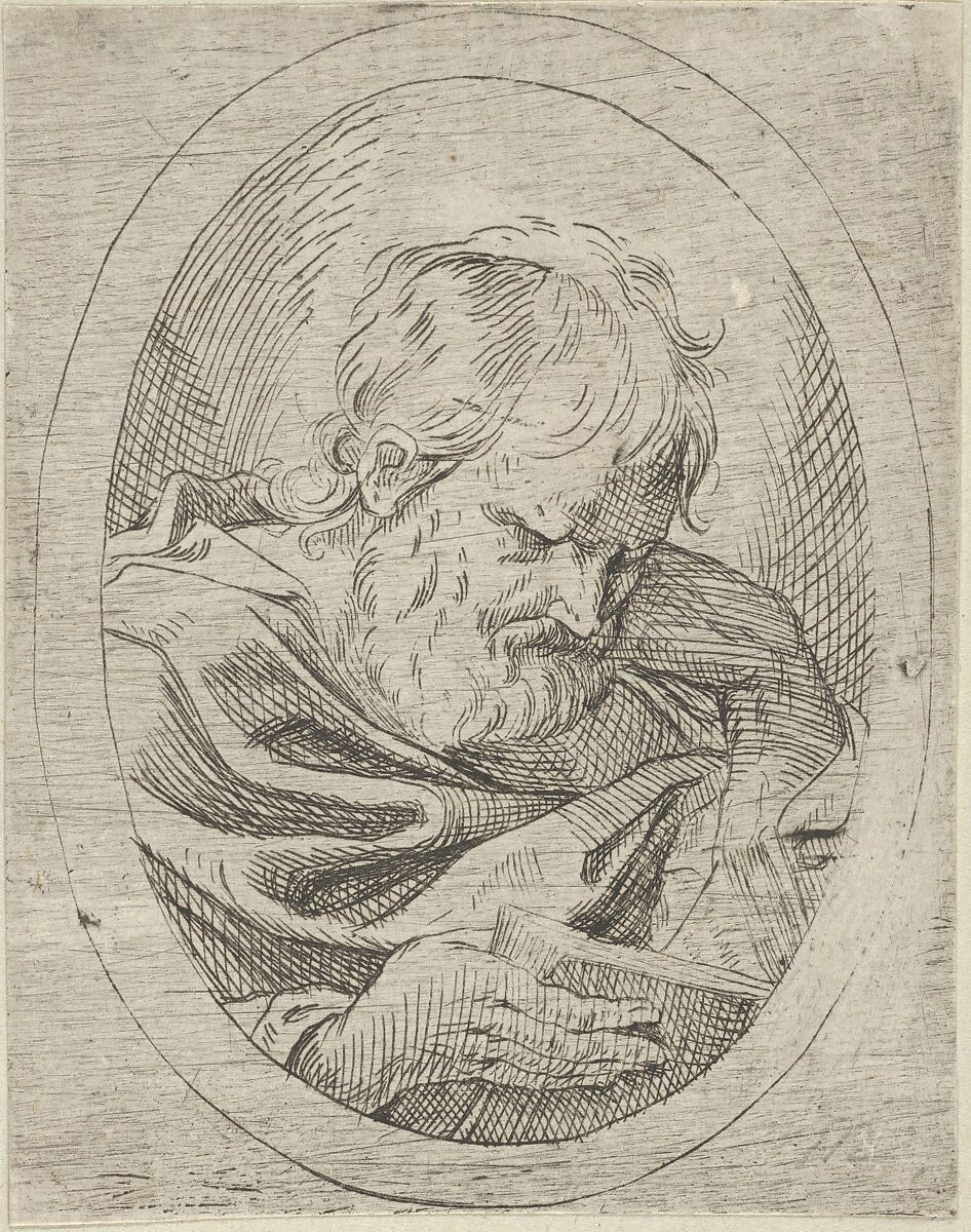 An apostle resting his head on his left hand and reading a book, in an oval frame, from "Christ, the Virgin, and Thirteen Apostles", Anonymous, 17th century, Etching 