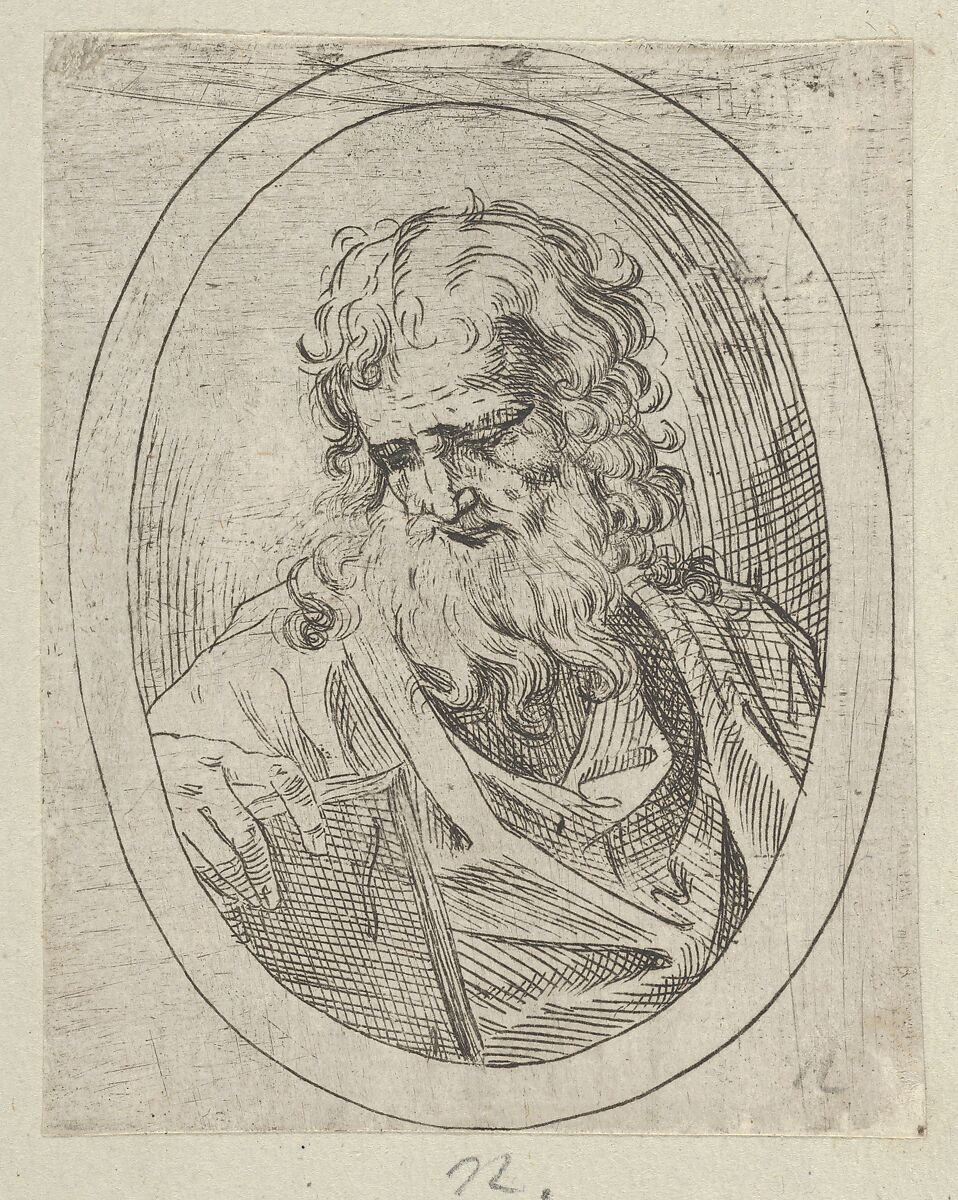 An apostle with a long beard looking down at an open book, in an oval frame, from "Christ, the Virgin, and Thirteen Apostles", Anonymous, 17th century, Etching 