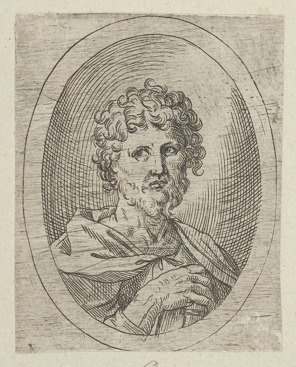 An apostle with a short beard holding a closed book, from "Christ, the Virgin, and Thirteen Apostles", Anonymous, 17th century, Etching 