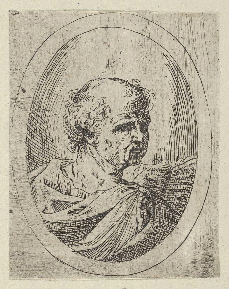 An apostle seen from behind and turning to the right, holding an open book, in an oval frame, from "Christ, the Virgin, and Thirteen Apostles", Anonymous, 17th century, Etching 