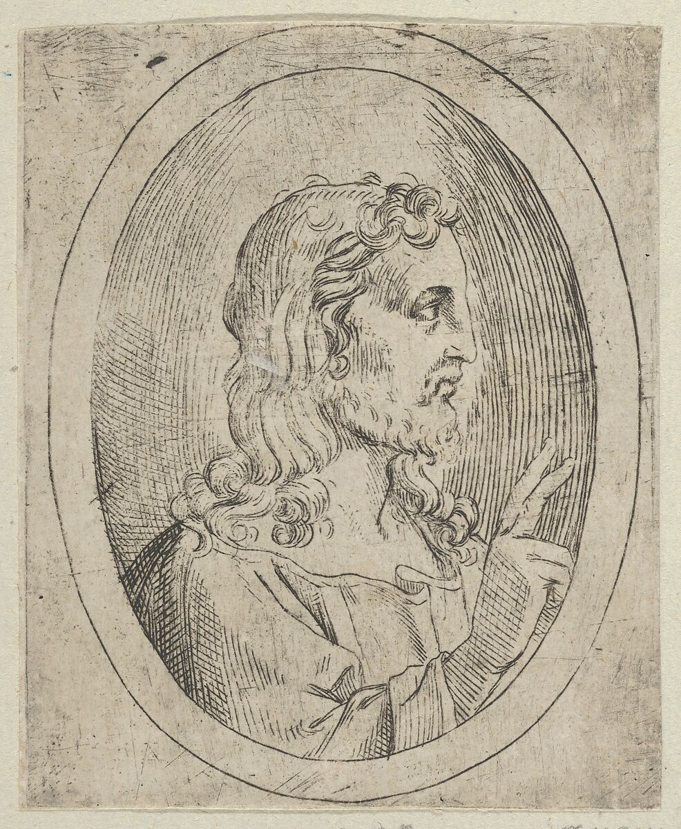 Christ seen in profile facing right, making the sign of blessing with his right hand, in an oval frame, from "Christ, the Virgin, and Thirteen Apostles", Anonymous, 17th century, Etching 