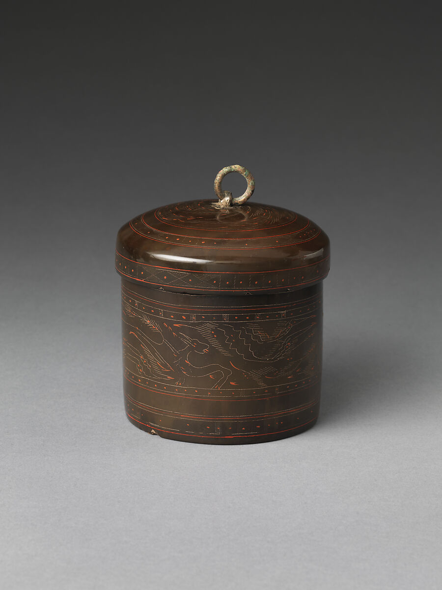 Circular Box with Geometric Design, Black lacquer with painted and incised decoration, China 