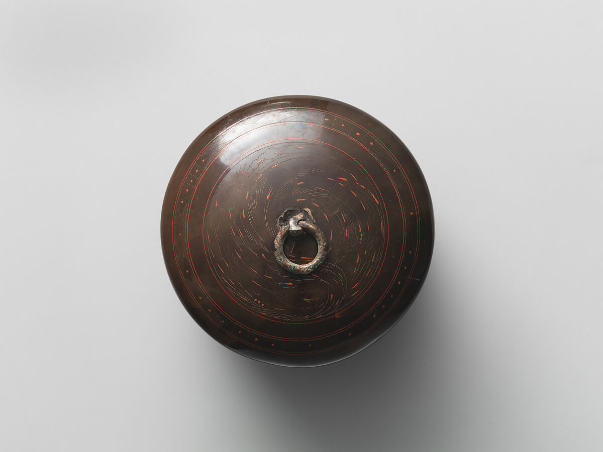 Circular Box with Geometric Design, Black lacquer with painted and incised decoration, China