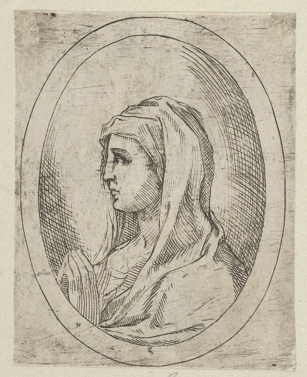 The Virgin in prayer, seen in profile facing left, in an oval frame, from "Christ, the Virgin, and Thirteen Apostles", Anonymous, 17th century, Etching 