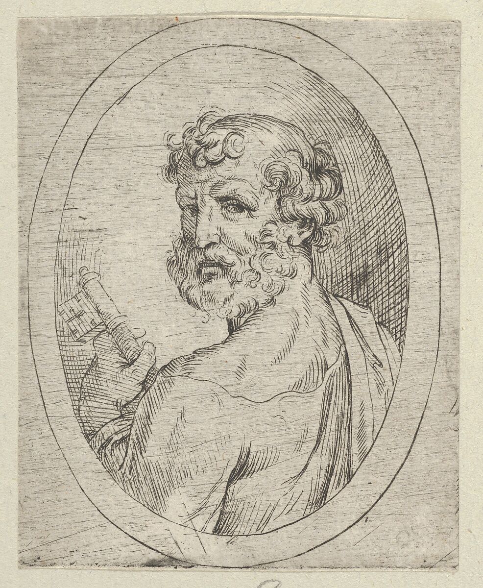 Saint Peter seen from behind, turning to face outwards and holding a key, in an oval frame, from "Christ, the Virgin, and Thirteen Apostles", Anonymous, 17th century, Etching 