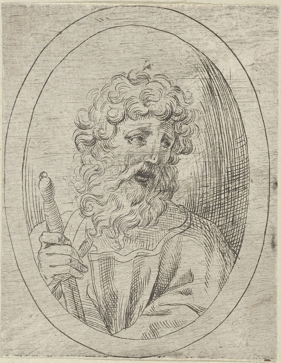 Saint Paul holding a sword, in an oval frame, from "Christ, the Virgin, and Thirteen Apostles", Anonymous, 17th century, Etching 