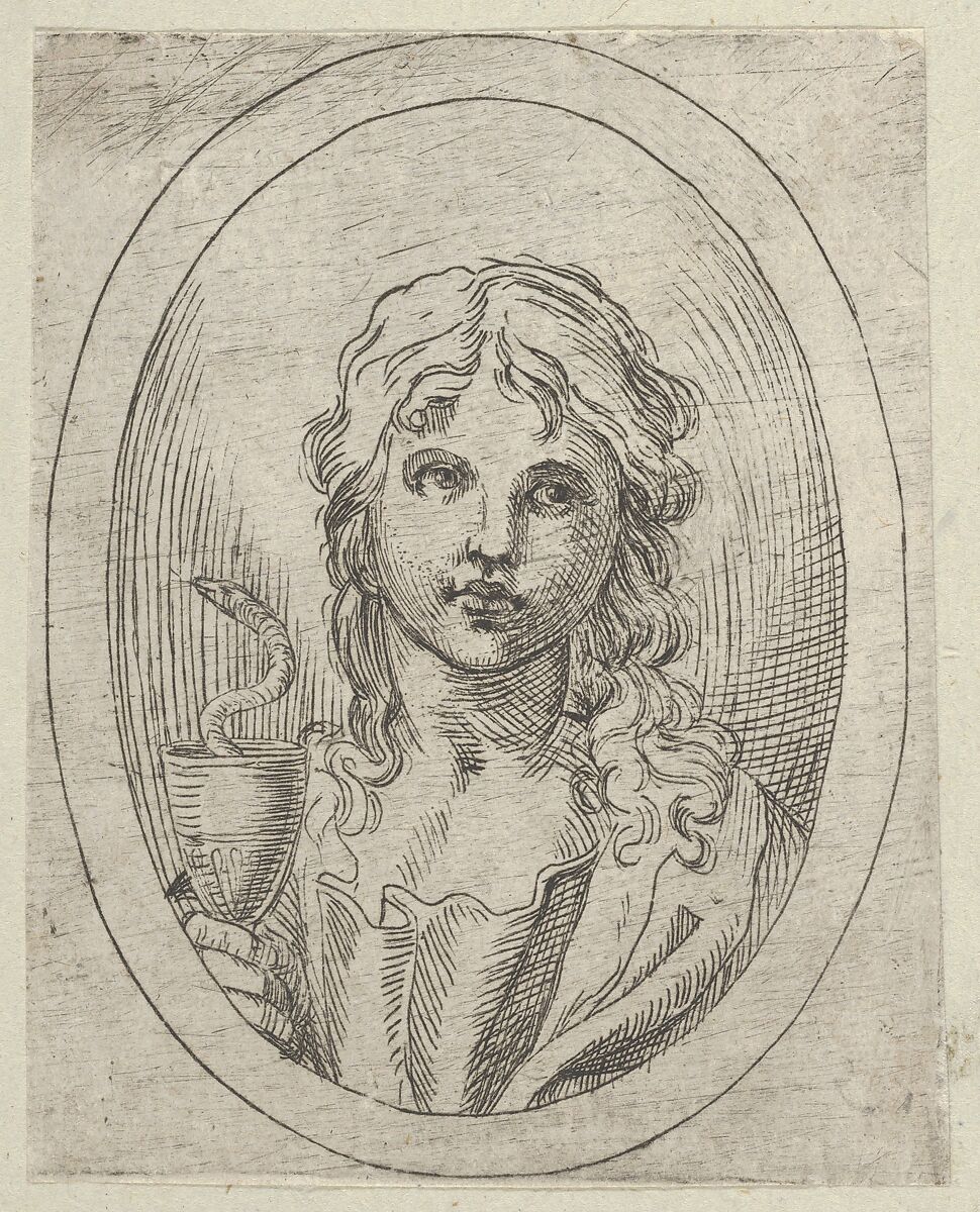 Saint John the Evangelist holding a goblet with a snake emerging from it, from "Christ, the Virgin, and Thirteen Apostles", Anonymous, 17th century, Etching 