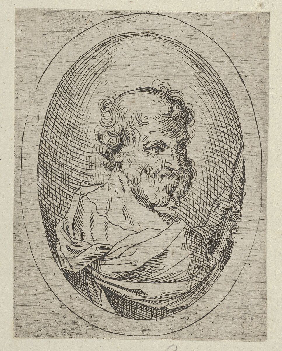Saint Simon seen from behind, turning to the right and holding a saw, in an oval frame, from "Christ, the Virgin, and Thirteen Apostles", Anonymous, 17th century, Etching 