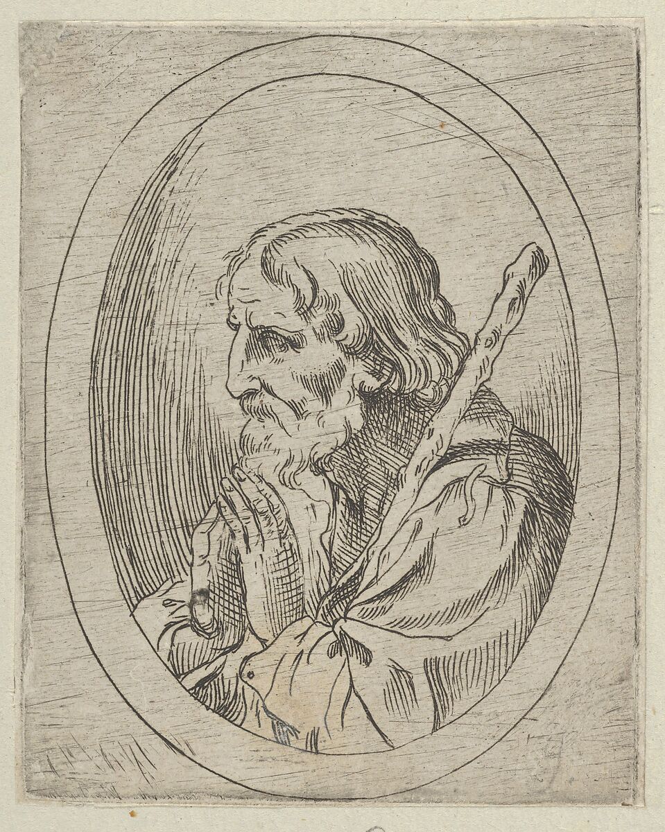 Saint Jude in prayer, seen in profile facing left with a staff resting on his shoulder, in an oval frame, from "Christ, the Virgin, and Thirteen Apostles", Anonymous, 17th century, Etching 