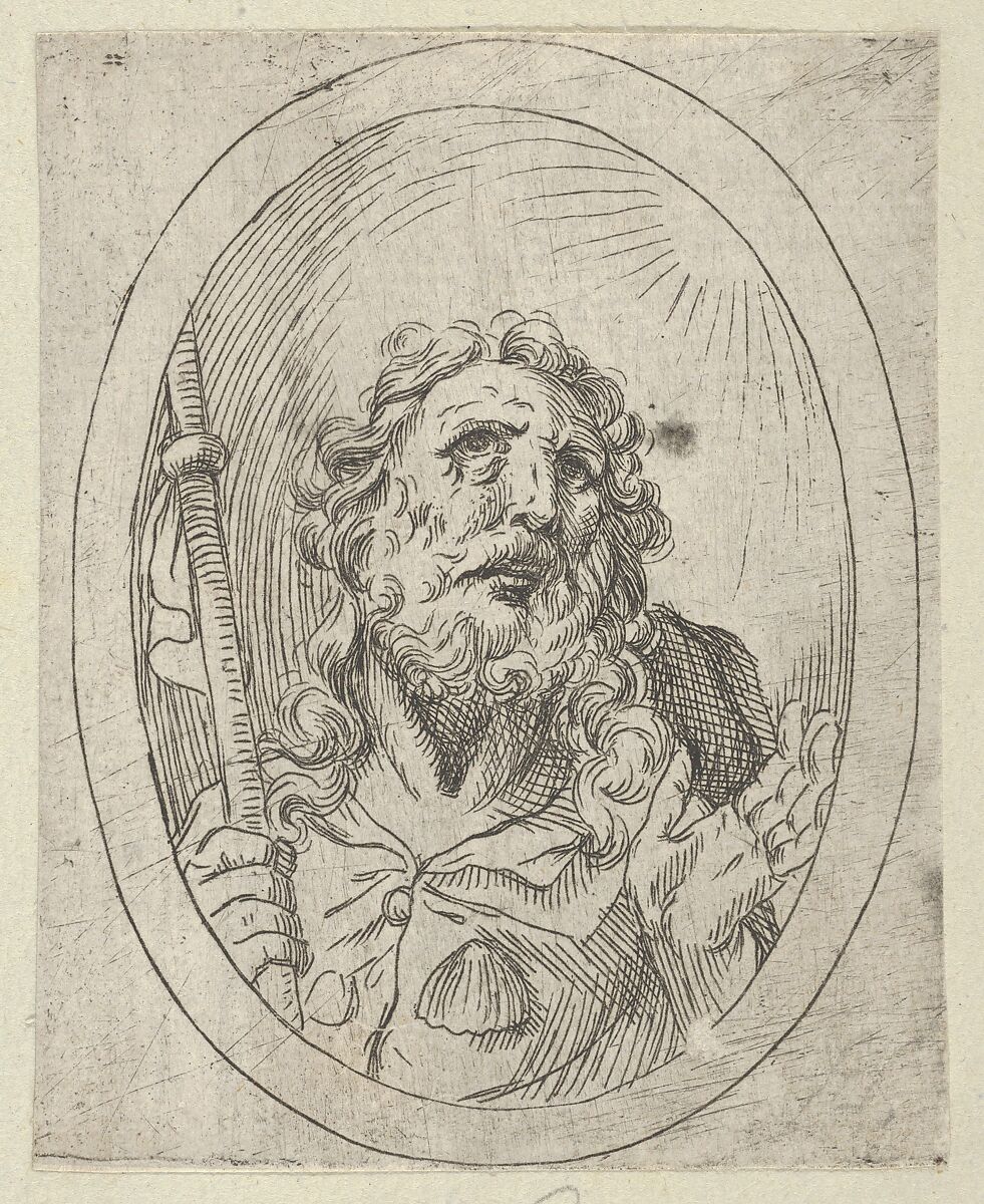 Saint James Major, looking upwards and holding a staff, from "Christ, the Virgin, and Thirteen Apostles", Anonymous, 17th century, Etching 