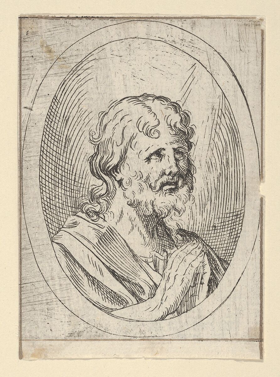 An apostle raising his eyes in prayer, in an oval frame, from "Christ, the Virgin, and Thirteen Apostles", Anonymous, 17th century, Etching; framing lines in pen and brown ink 