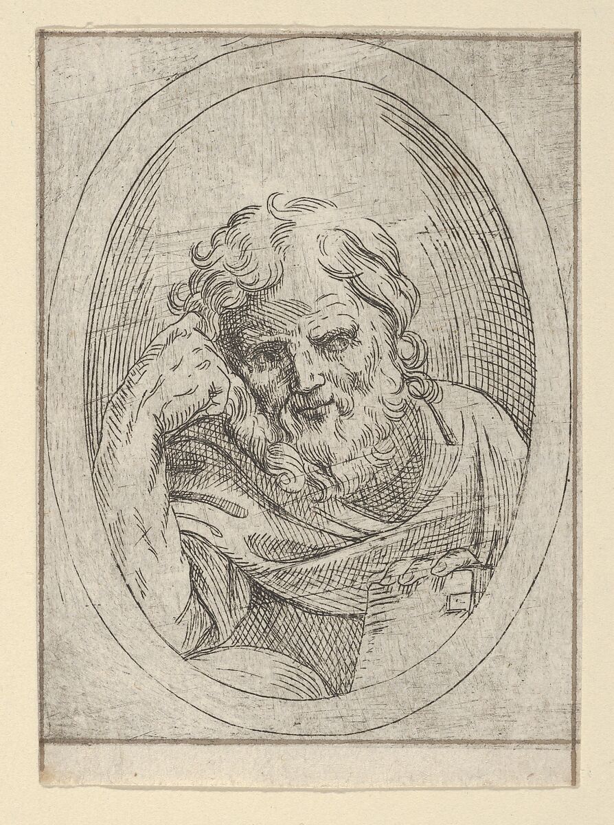 An apostle resting his head on his right hand and holding a book, in an oval frame, from "Christ, the Virgin, and Thirteen Apostles", Anonymous, 17th century, Etching 