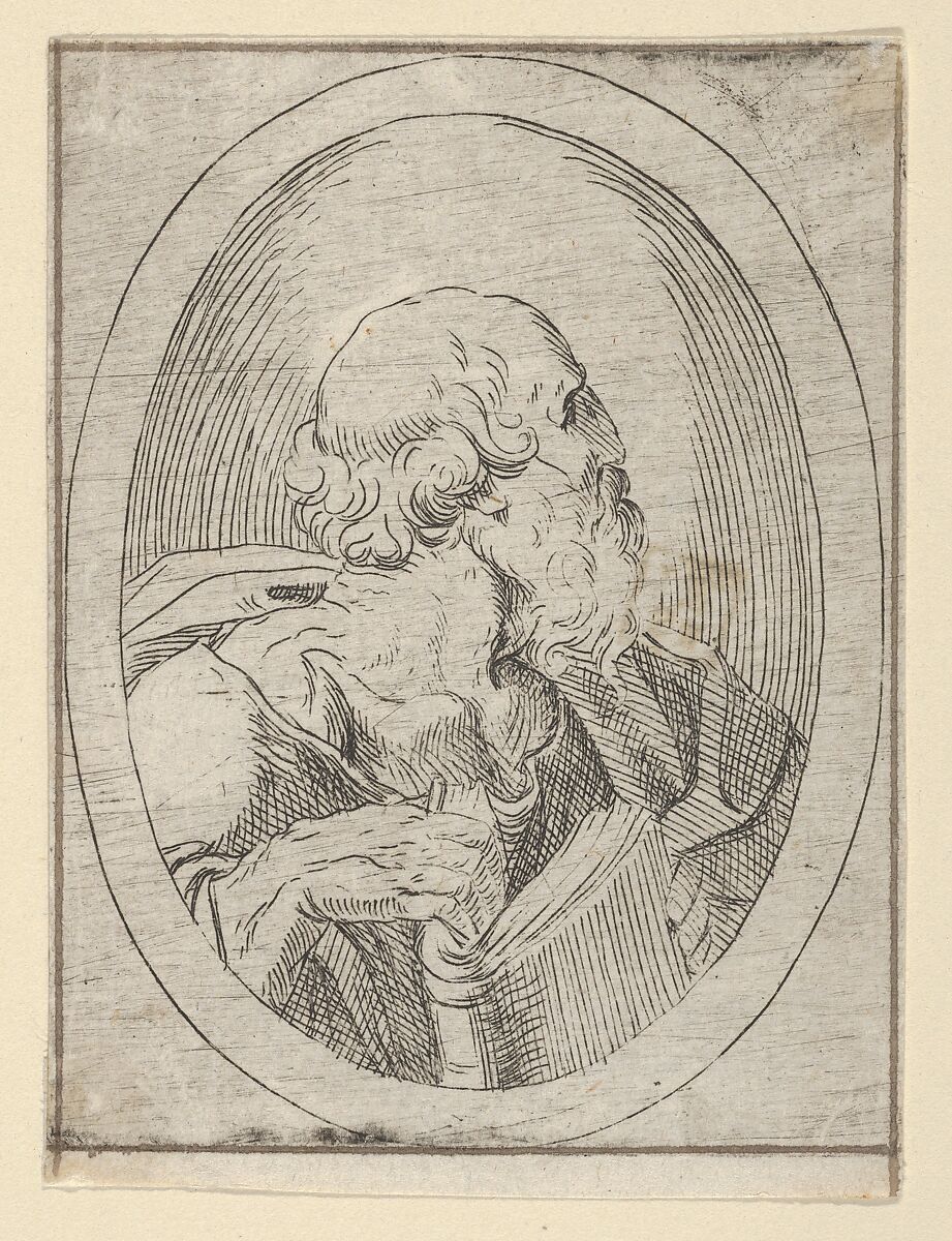 An apostle seen in profile facing right, holding an open book, in an oval frame, from "Christ, the Virgin, and Thirteen Apostles", Anonymous, 17th century, Etching 