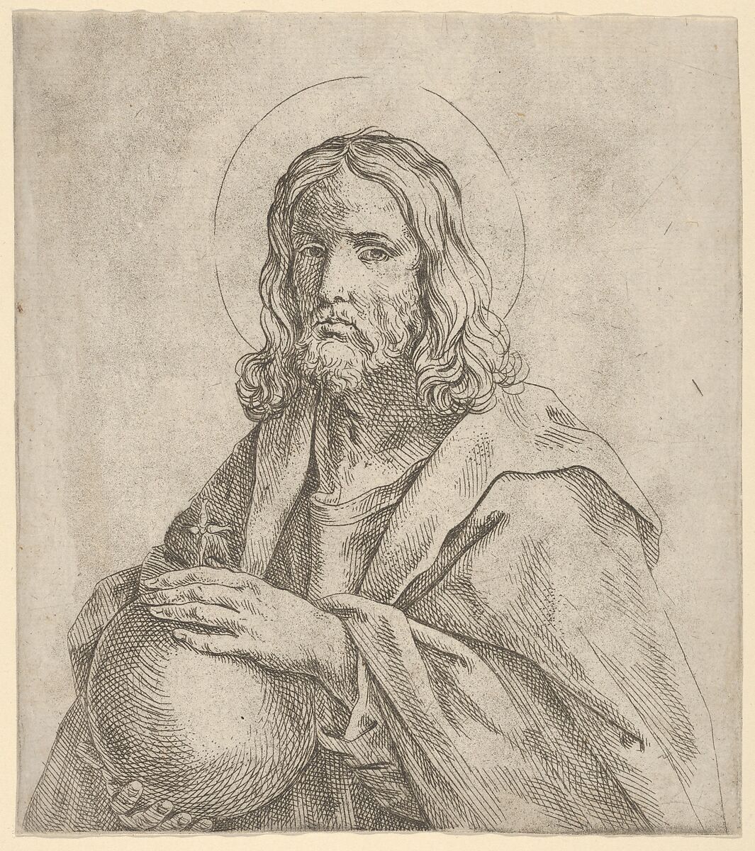 Christ seen in half-length, holding a globe surmounted by a cross, Anonymous, Etching 