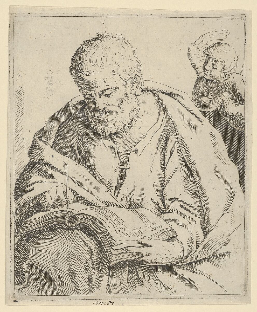 Old man seated and writing in a book, an angel at right looking over his shoulder, Anonymous, Etching 