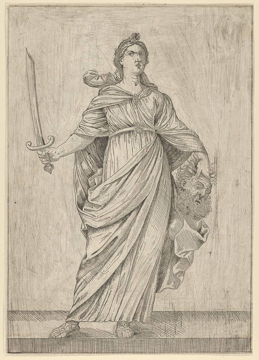 Judith standing on a ledge holding the head of Holofernes in her left hand and a sword in her right, Anonymous, Etching 