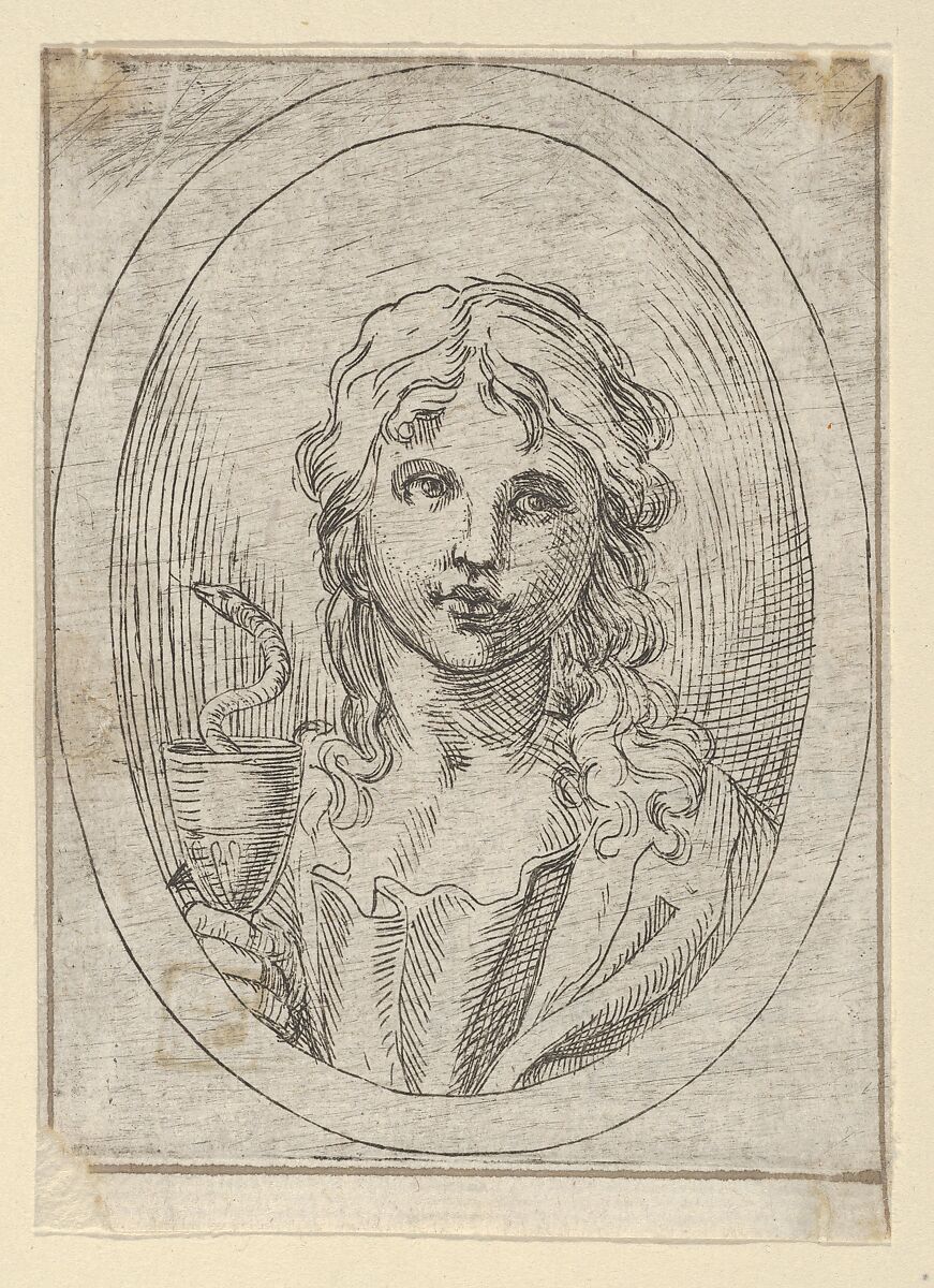 Saint John the Evangelist holding a goblet with a snake emerging from it, from "Christ, the Virgin, and Thirteen Apostles", Anonymous, 17th century, Etching; framing lines in pen and brown ink 