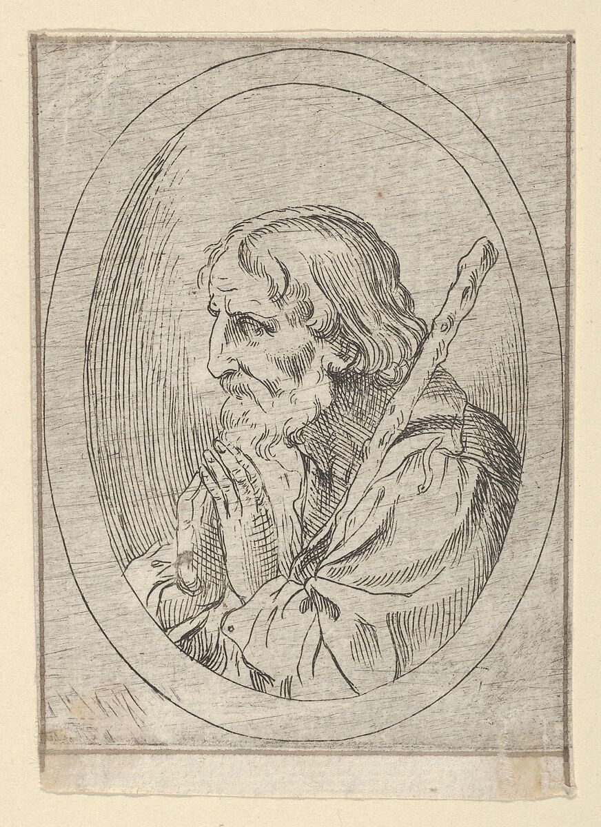 Saint Jude in prayer, seen in profile facing left with a staff resting on his shoulder, in an oval frame, from "Christ, the Virgin, and Thirteen Apostles", Anonymous, 17th century, Etching 