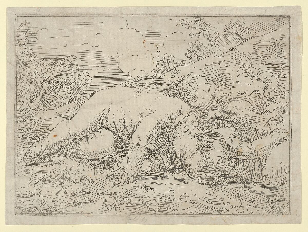 Two putti sleeping in a landscape, after Reni, Anonymous, Italian, 17th century, Etching 