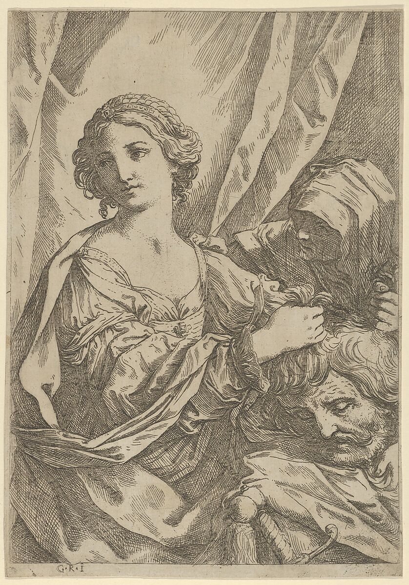 Judith grasping the head of Holofernes by the hair and looking to the left, an old woman at right, Attributed to Giovanni Andrea Sirani (Italian, Bolognese, 1610–1670), Etching 