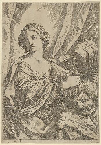 Judith grasping the head of Holofernes by the hair and looking to the left, an old woman at right