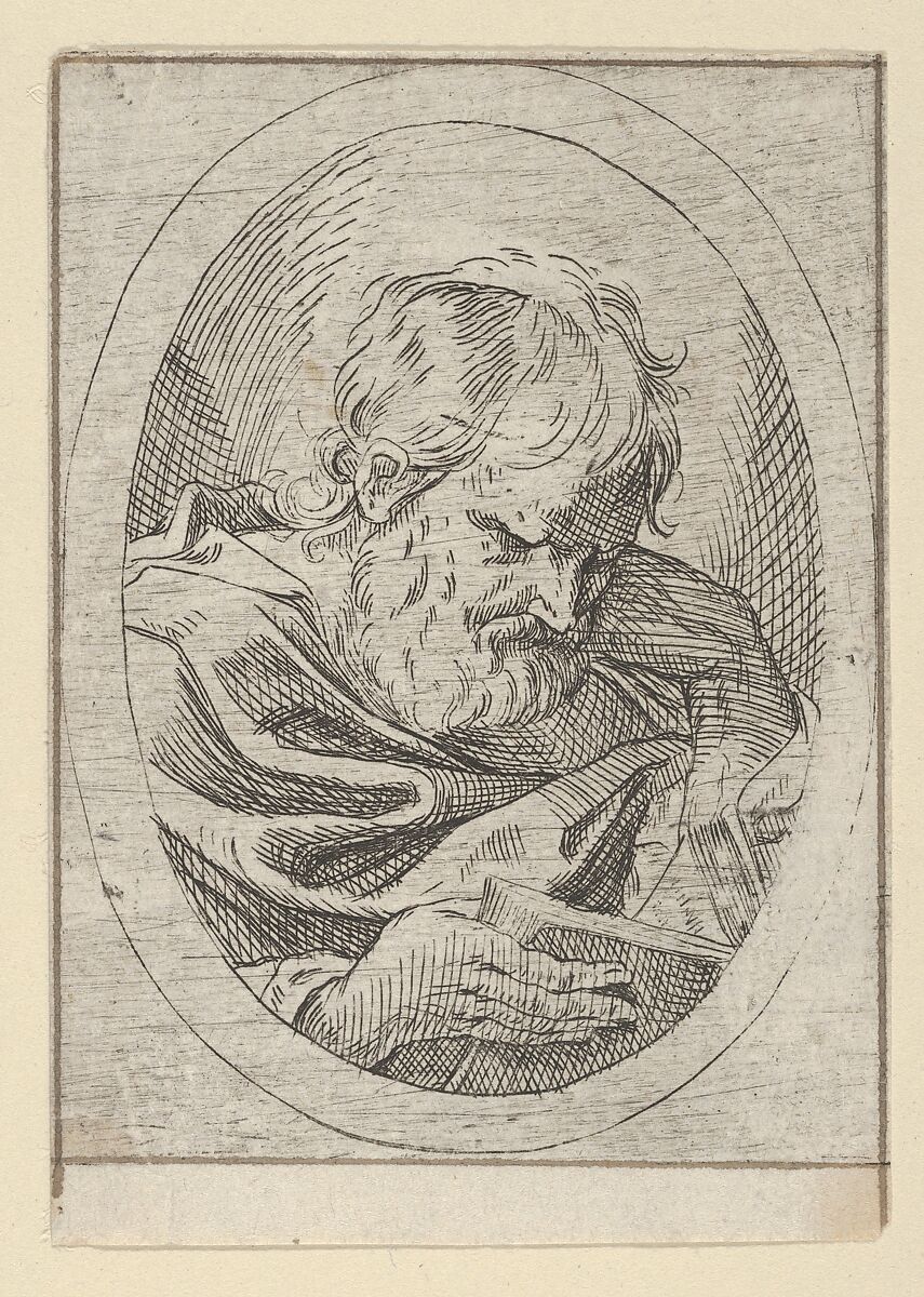 An apostle resting his head on his left hand and reading a book, in an oval frame, from "Christ, the Virgin, and Thirteen Apostles", Anonymous, 17th century, Etching 