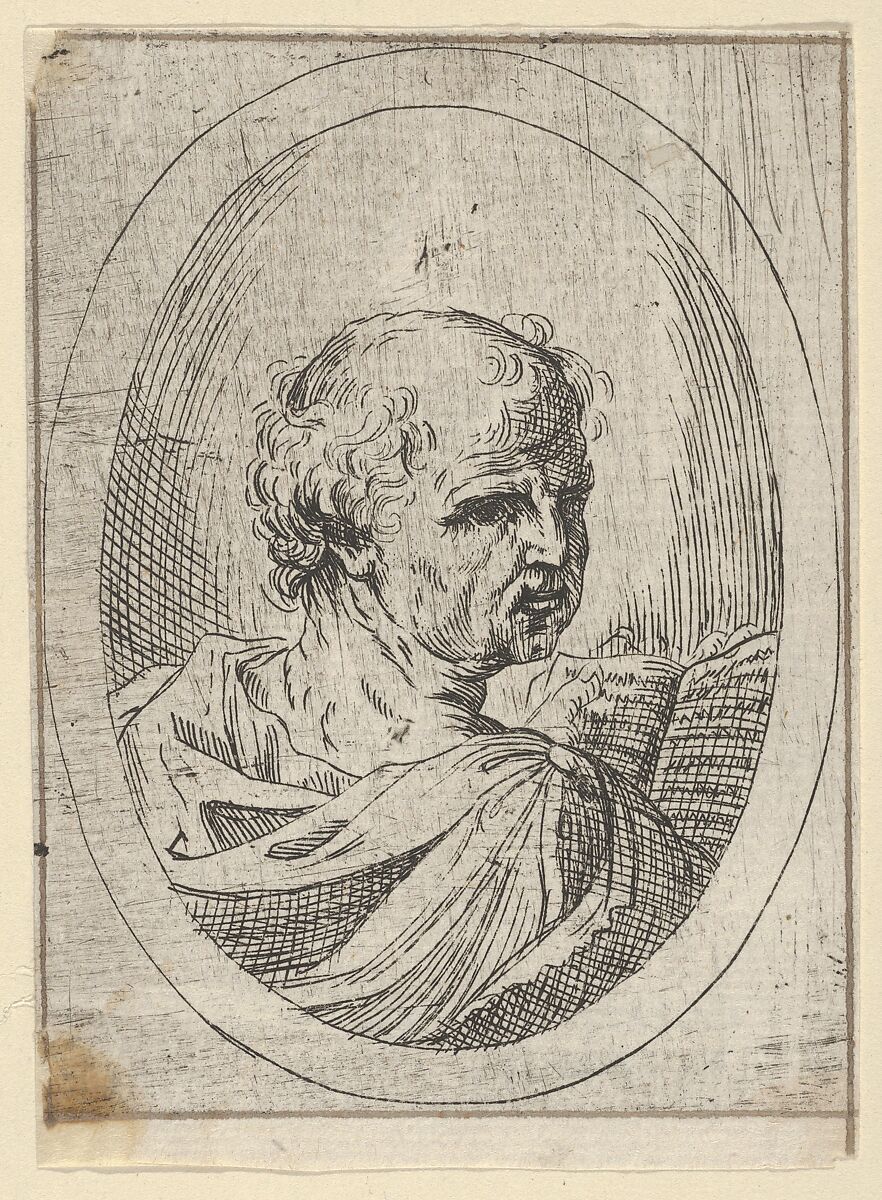 An apostle seen from behind and turning to the right, holding an open book, in an oval frame, from "Christ, the Virgin, and Thirteen Apostles", Anonymous, 17th century, Etching 