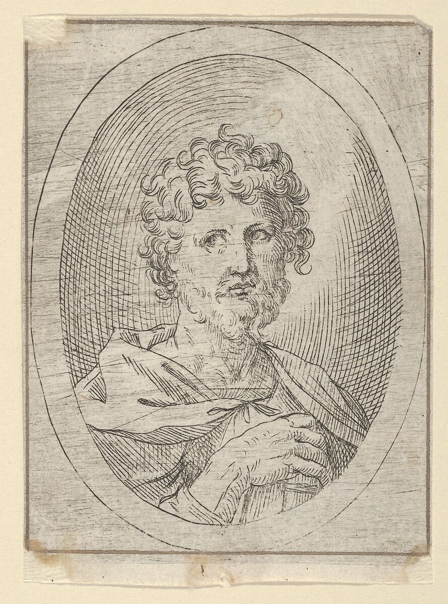 An apostle holding a closed book and looking to the left, in an oval frame, from "Christ, the Virgin, and Thirteen Apostles", Anonymous, 17th century, Etching; framing lines in pen and brown ink 