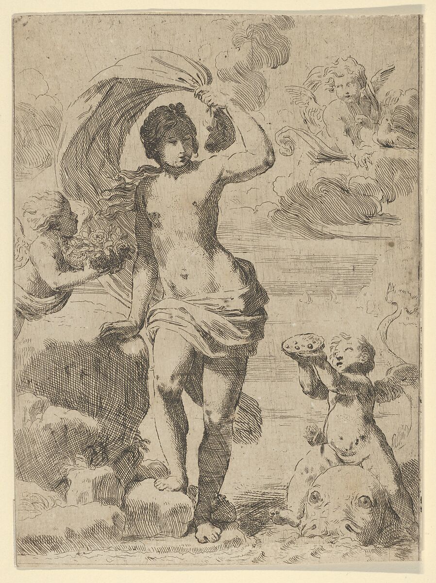 Venus stepping out of the sea, holding a billowing drapery in her left hand, Cupid at right offering pearls while riding a dolphin and a putto at left offering flowers, another in the clouds, Anonymous, Etching 