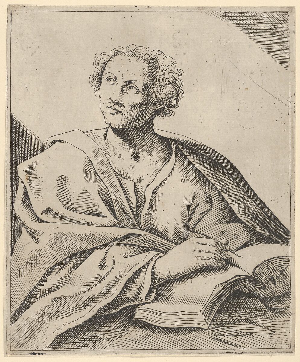 A man holding a book, about to write in it, looking upwards to the left, Anonymous, Etching 