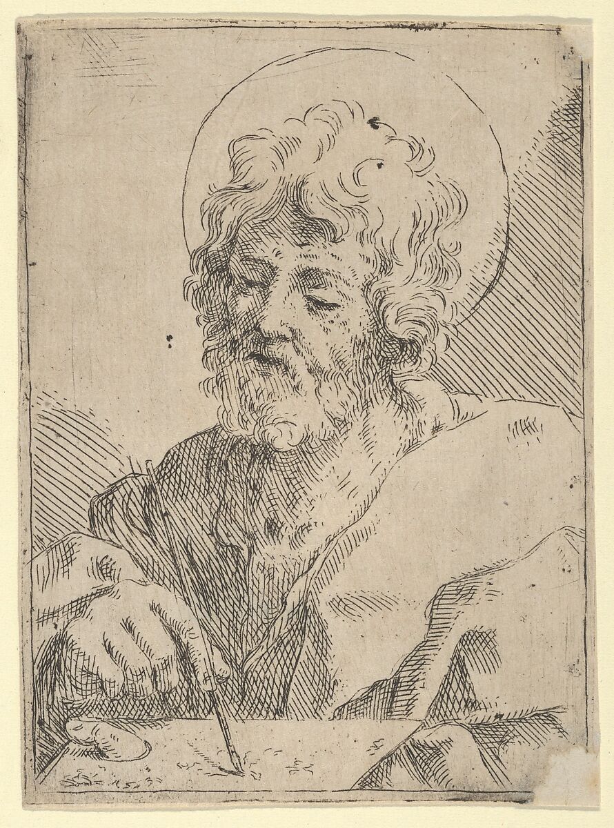 Saint Luke holding a paint brush and palette, after Reni (?), Anonymous, 17th century, Etching 