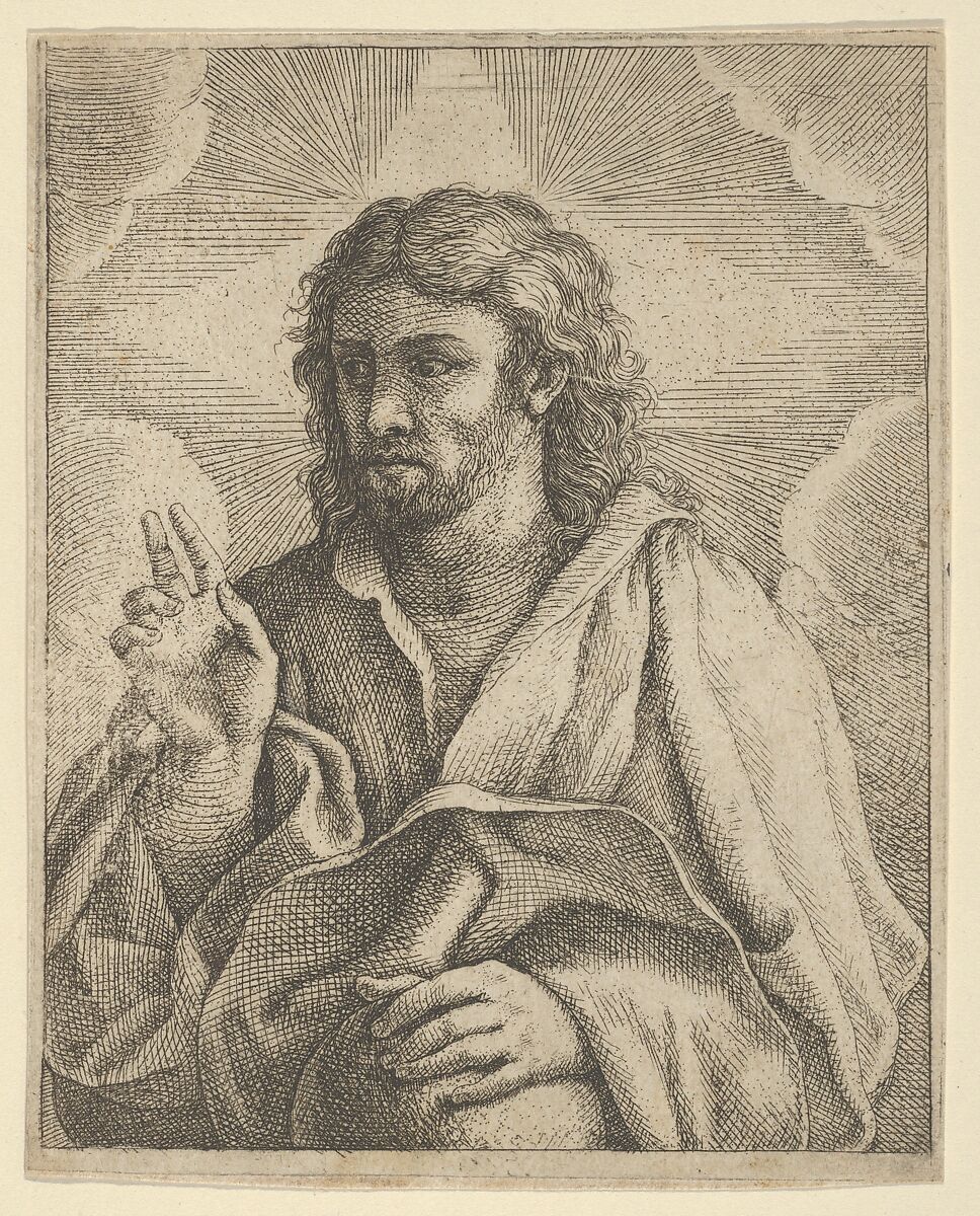 Christ holding a globe, looking to the left and making the sign of blessing with his right hand, clouds behind him, after Reni (?), Anonymous, 17th century, Etching 