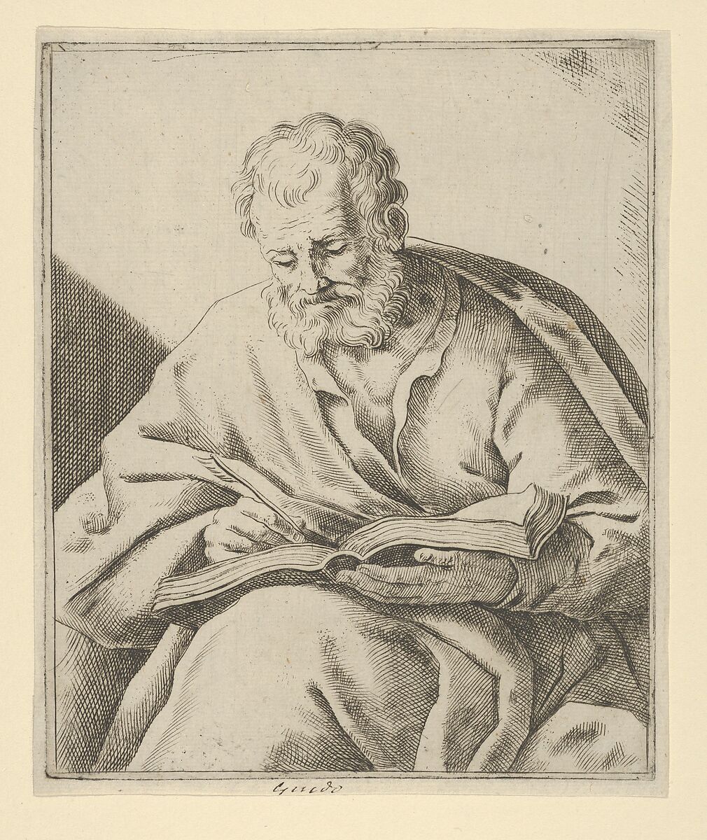 An old man seated and writing in a book (an evangelist?), Anonymous, Etching 