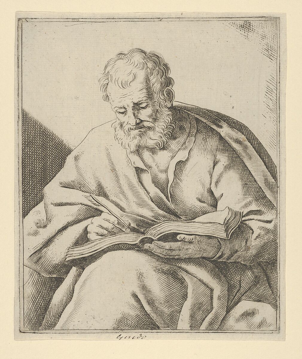 An old man seated and writing in a book (an evangelist?), Anonymous, Etching 
