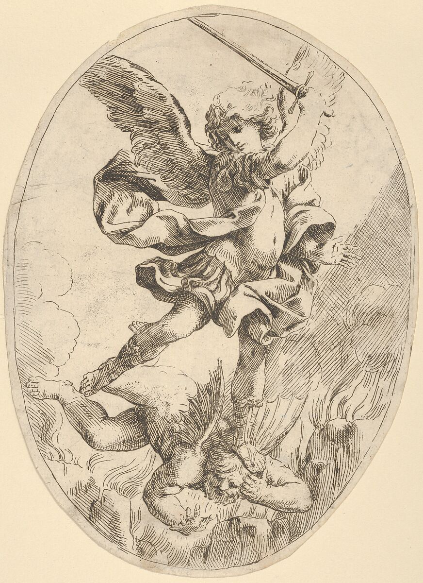 The winged archangel Saint Michael holding a sword and standing on the head of the devil, who descends into hell, an oval composition, Anonymous, 17th century, Etching 