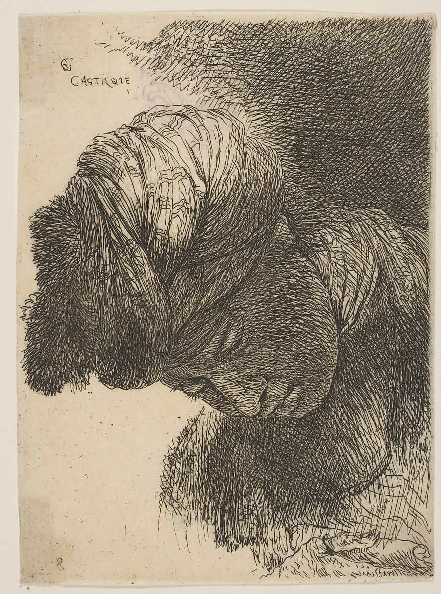 Young man with his head lowered, wearing a turban, facing left, from the series of  'Small Heads in Oriental Headdress' (19th century impression), Giovanni Benedetto Castiglione (Il Grechetto) (Italian, Genoa 1609–1664 Mantua), Etching 