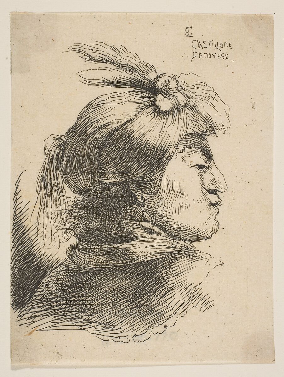 Man wearing a small turban Oonamented with plumes and ribbon, facing right,  from the series of  'Small Heads in Oriental Headdress' (19th century impression), Giovanni Benedetto Castiglione (Il Grechetto) (Italian, Genoa 1609–1664 Mantua), Etching 