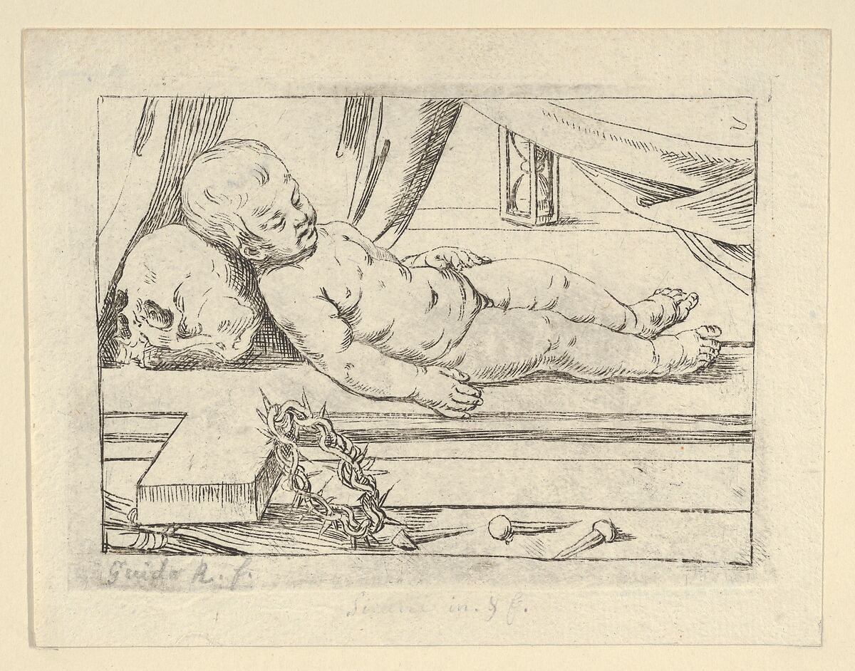 The infant Christ asleep on a cross, his head resting on a skull, a crown of thorns and nails in the foreground, Anonymous, Italian, 17th century, Etching 