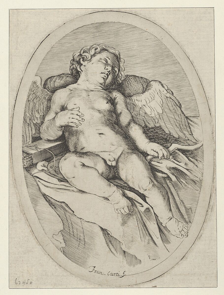 Cupid asleep, resting his right arm on his quiver and his left arm on his bow, an oval composition, after Reni, Francesco Curti (Italian, 1603–1670), Engraving 