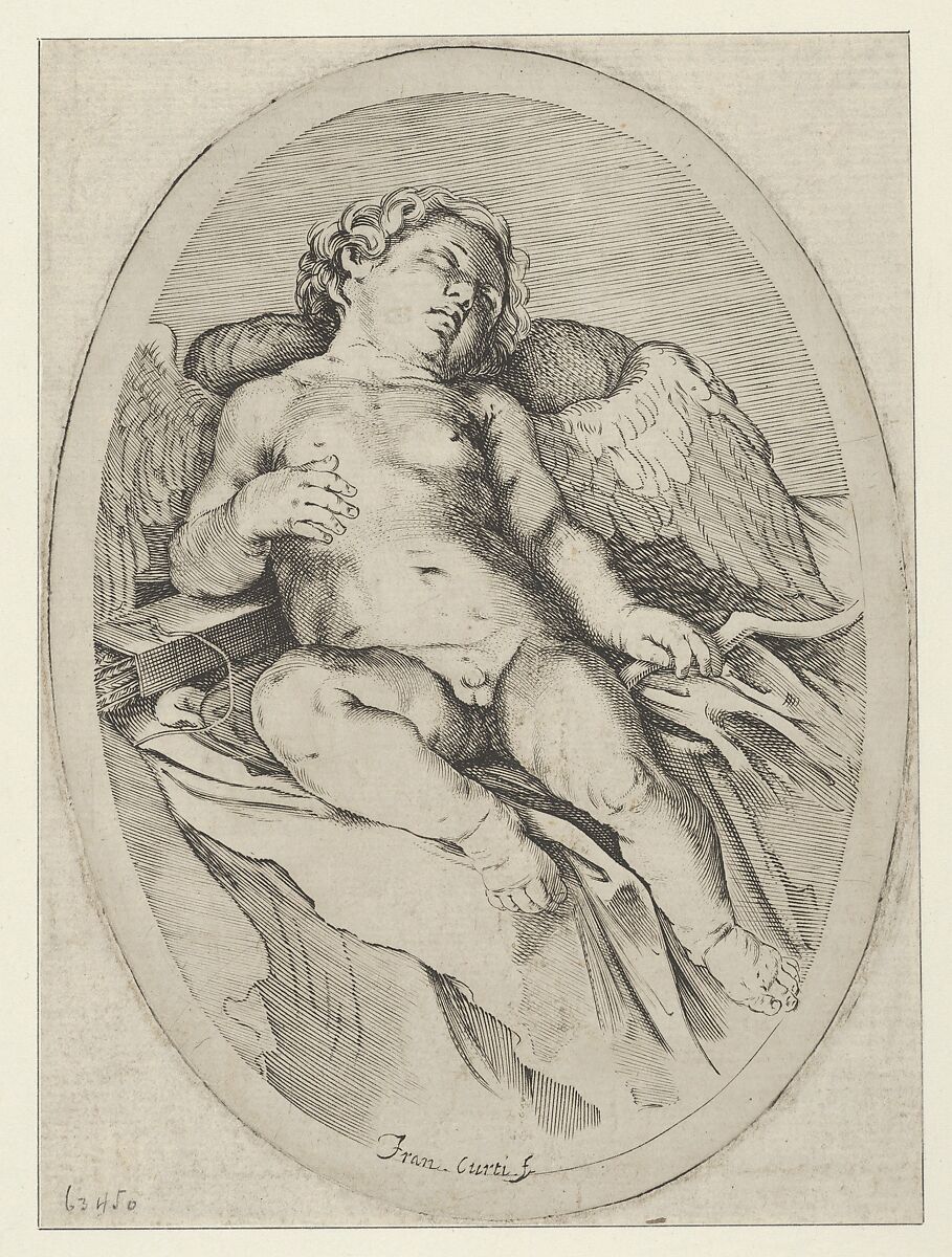 Cupid asleep, resting his right arm on his quiver and his left arm on his bow, an oval composition, after Reni, Francesco Curti  Italian, Engraving