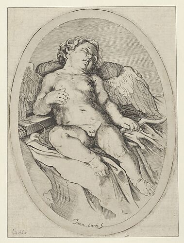 Cupid asleep, resting his right arm on his quiver and his left arm on his bow, an oval composition, after Reni