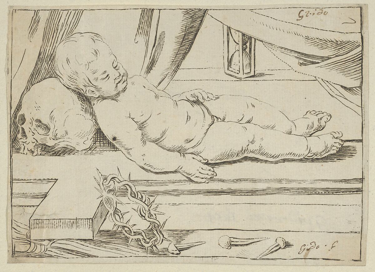 The infant Christ asleep on a cross, his head resting on a skull, a crown of thorns and nails in the foreground, Anonymous, Italian, 17th century, Etching 