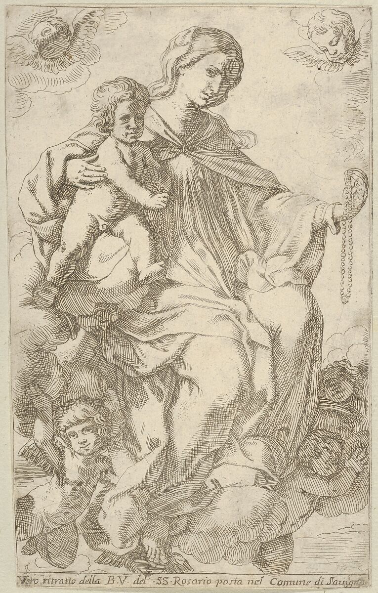 The Virgin in the clouds holding a rosary in her left hand and embracing the infant Christ, who also holds a rosary, angels surrounding them, Lorenzo Loli (Italian, Bologna ca. 1612–1691 Bologna), Etching 