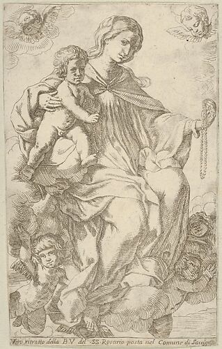 The Virgin in the clouds holding a rosary in her left hand and embracing the infant Christ, who also holds a rosary, angels surrounding them