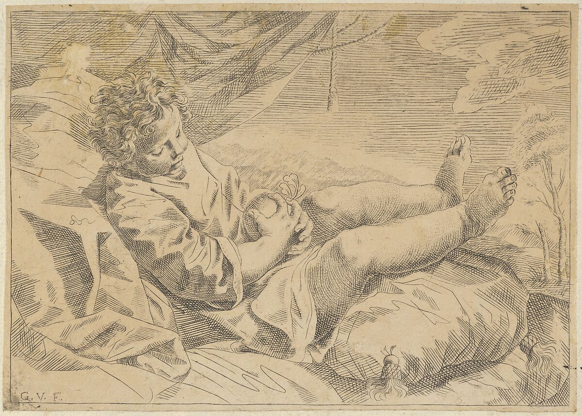 A child sleeping on a cushion, holding a piece of fruit (?), a curtain behind him, after Reni (?), Anonymous, 17th century, Engraving 