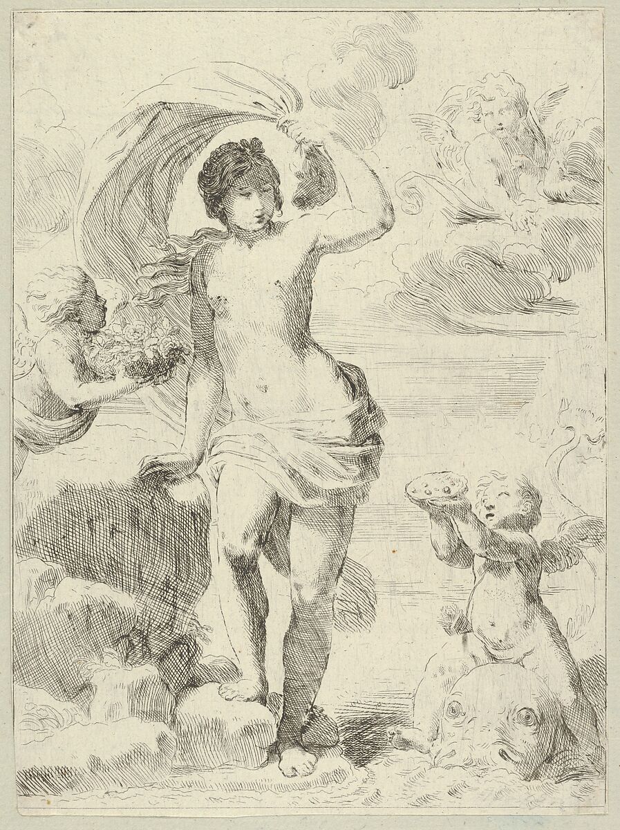 Venus stepping out of the sea, holding a billowing drapery in her left hand, Cupid at right offering pearls while riding a dolphin and a putto at left offering flowers, another in the clouds, Anonymous, Etching 