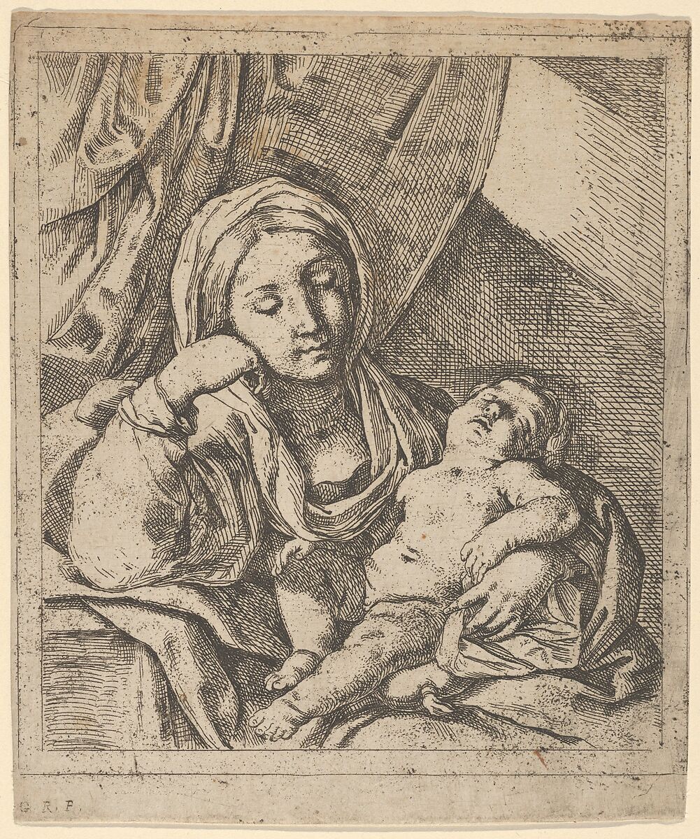 The Virgin seated, resting her head on her right hand and holding the sleeping infant Christ on her lap, Attributed to Lorenzo Loli (Italian, Bologna ca. 1612–1691 Bologna), Etching 