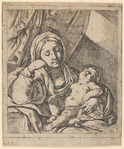 The Virgin seated, resting her head on her right hand and holding the sleeping infant Christ on her lap