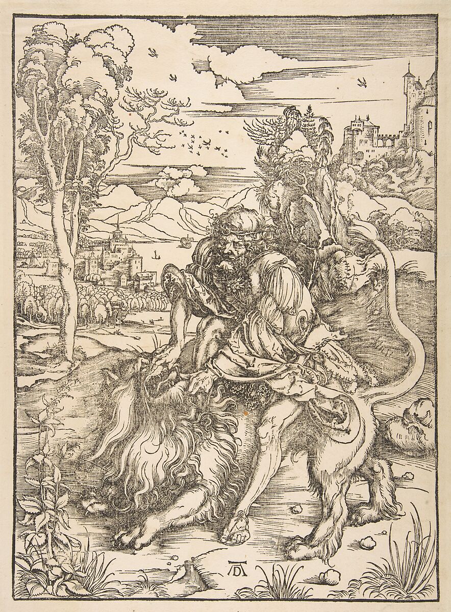 Samson Rending the Lion, Albrecht Dürer (German, Nuremberg 1471–1528 Nuremberg), Woodcut 