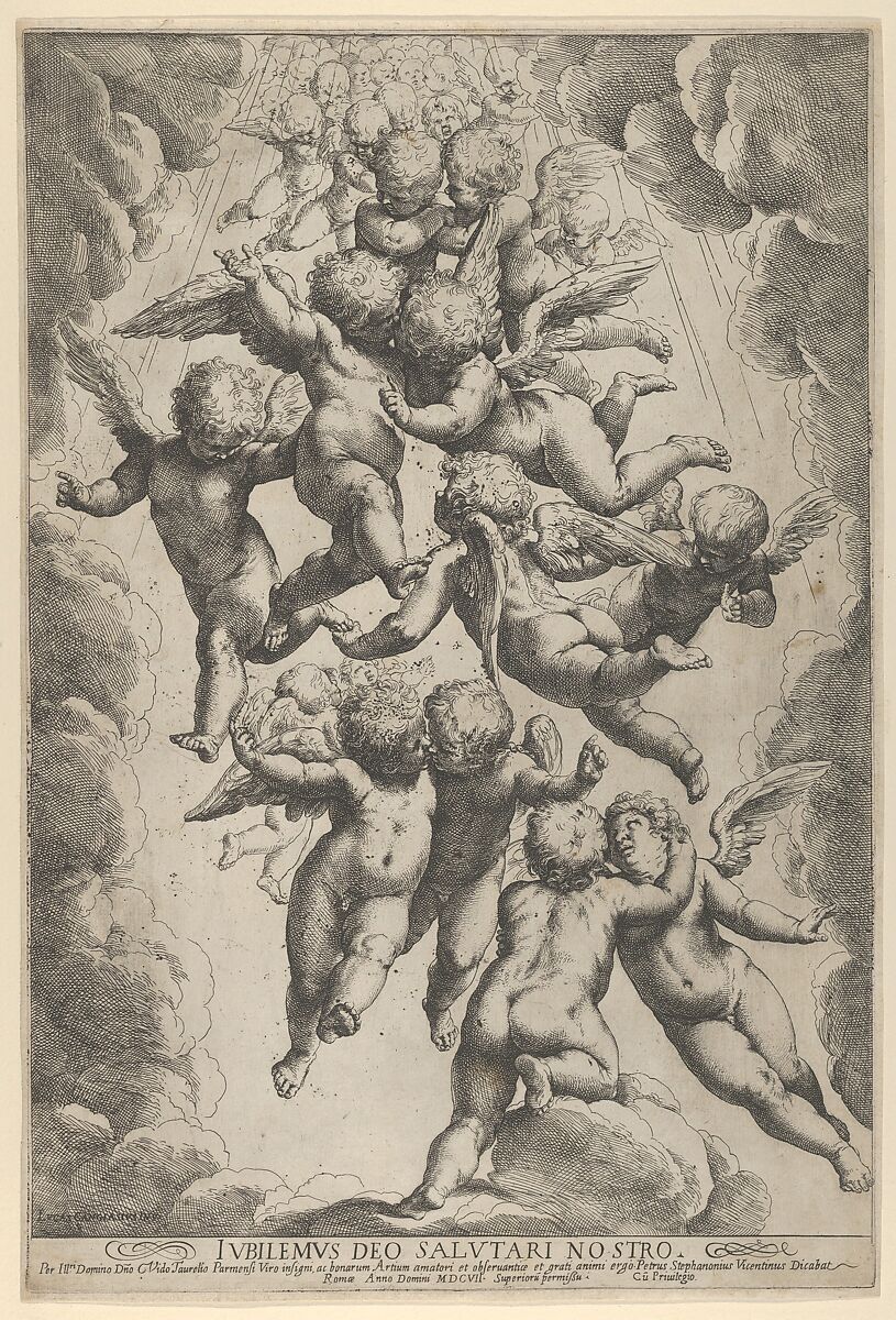 A group of angels embracing in flight, framed by clouds, Guido Reni (Italian, Bologna 1575–1642 Bologna), Etching 